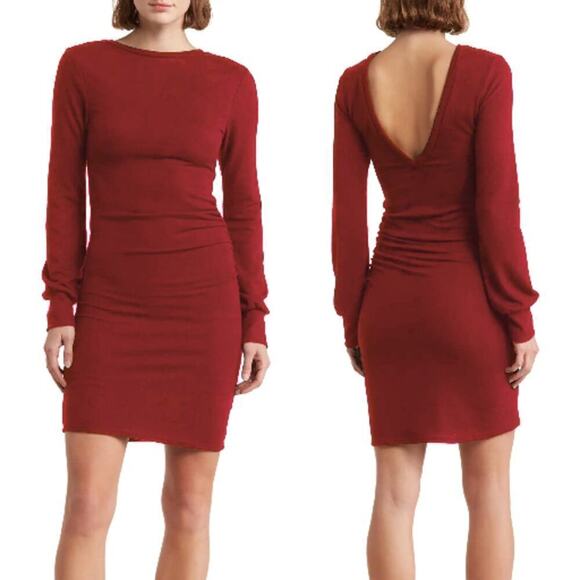Go Couture Dress Ruched Puff Long Sleeve V-Back Bodycon Mini Red NWT Medium - Picture 1 of 6